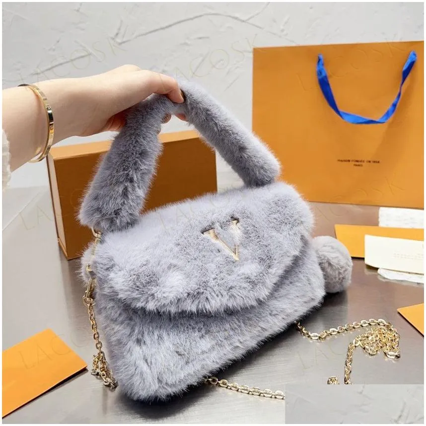 winter wool soft handbags designer women underarm hobo totes small crossbody chain shoulder bags fur purses two strap with box