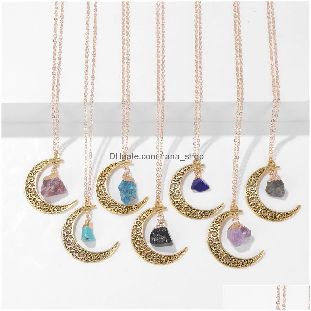 irregular ore raw stone gold crescent moon pendant tiger eye stone agate healing crystal quartz necklaces jewelry making