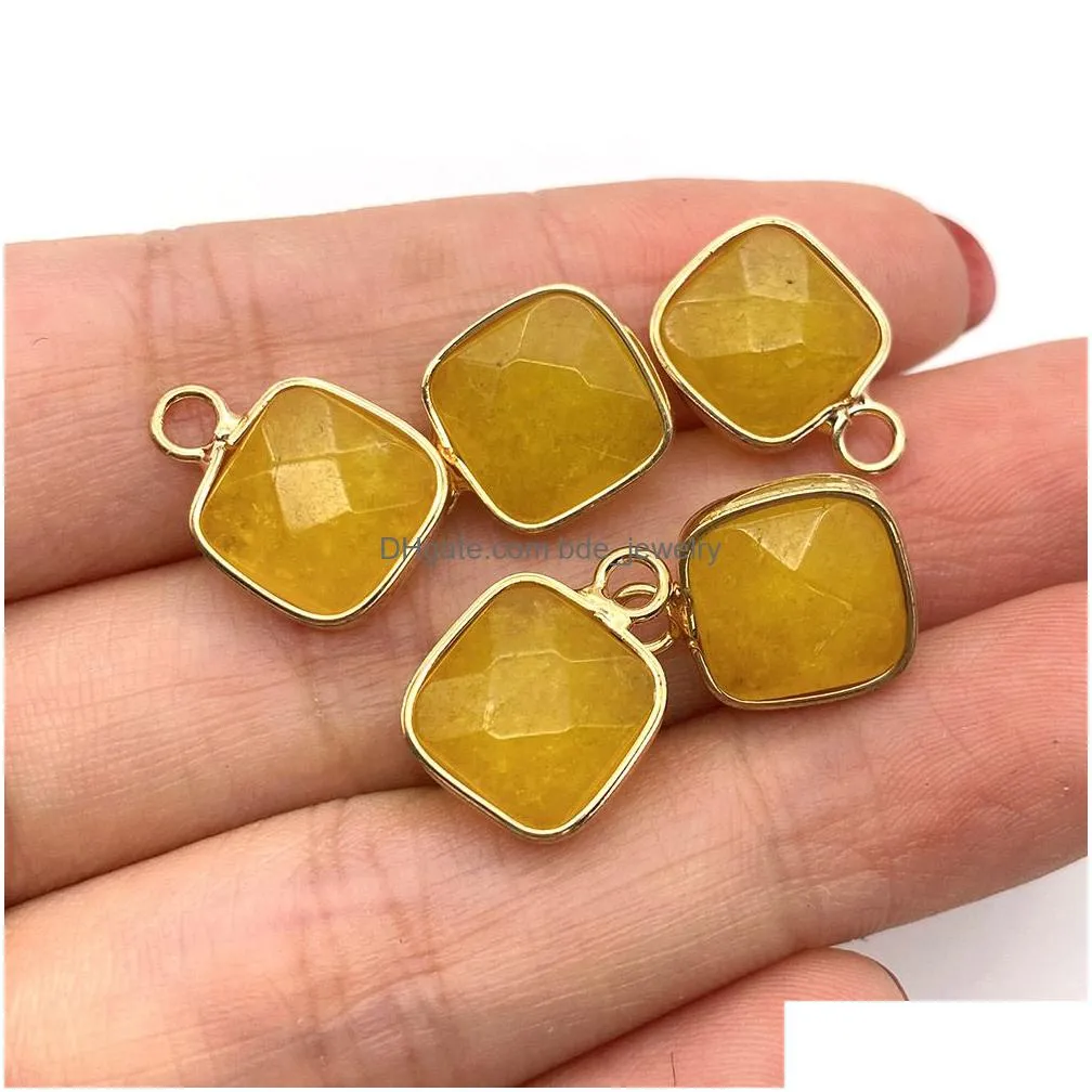 11x15mm gold bunding edge square natural crystal jade stone charms green blue quartz pendants trendy for jewelry making wholesale