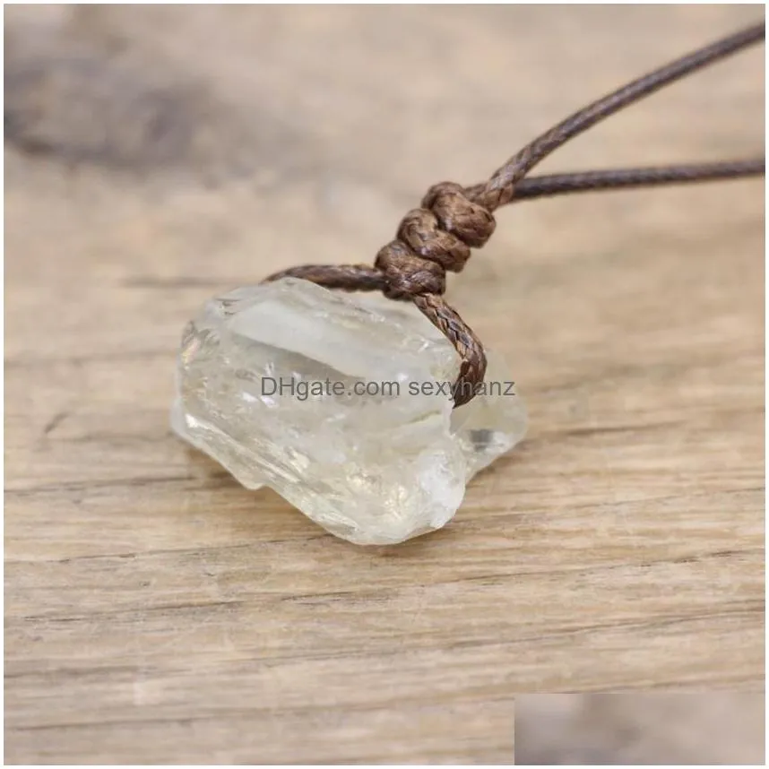 healing reiki raw stone mineral pendants necklace natural crystal fluorite rose quartzs agates brown adjustable rope jewelry