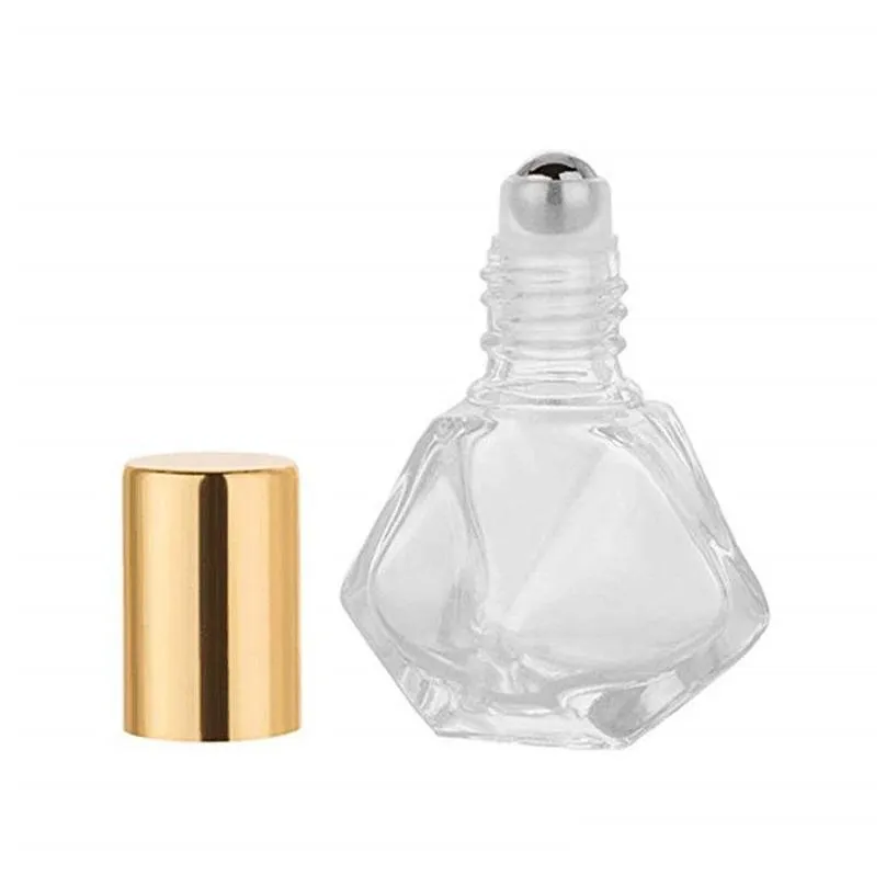 8ml mini portable polygonal clear glass roller bottle travel  oil roll on bottle with stainless steel ball gold silver cap