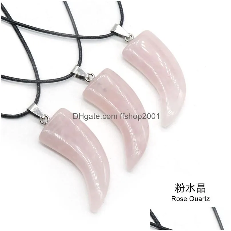 natural stone gem carved ox horn shape pendant rose quartz crystal jade onyx necklace healing guardian jewelry for men rope chain