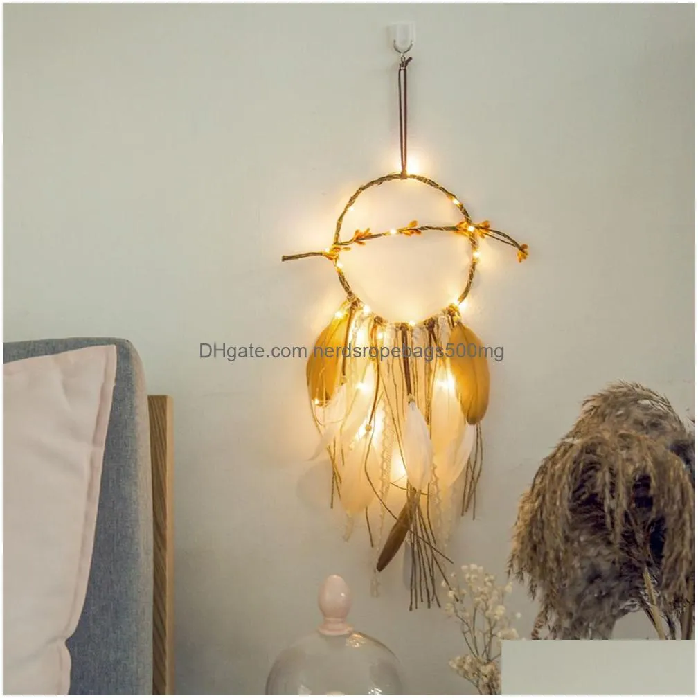 dream catcher feather girl style handmade dreamcatcher with string light innovative home bedside wall window hanging decoration