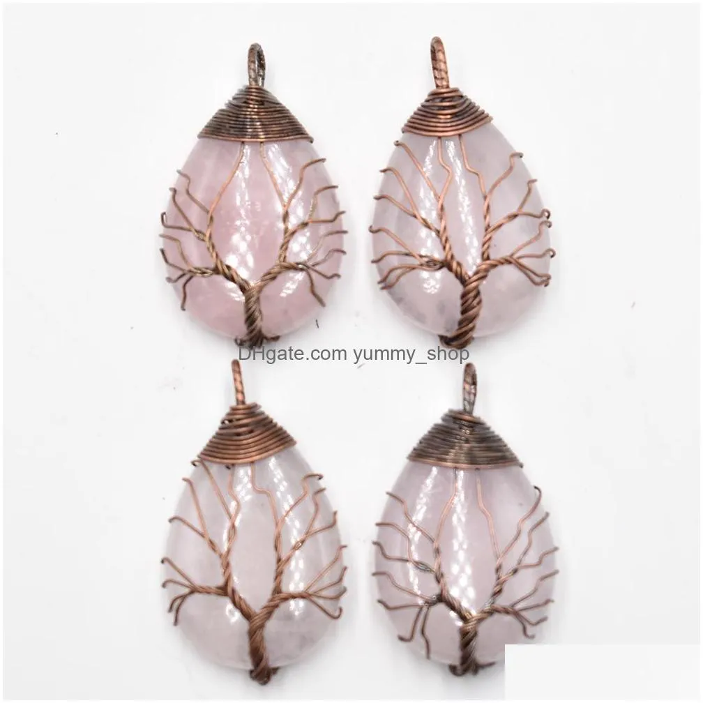 natural stone crystal tree of life charms antique waterdrop pendants rose quartz wire wrapped trendy jewelry making wholesale