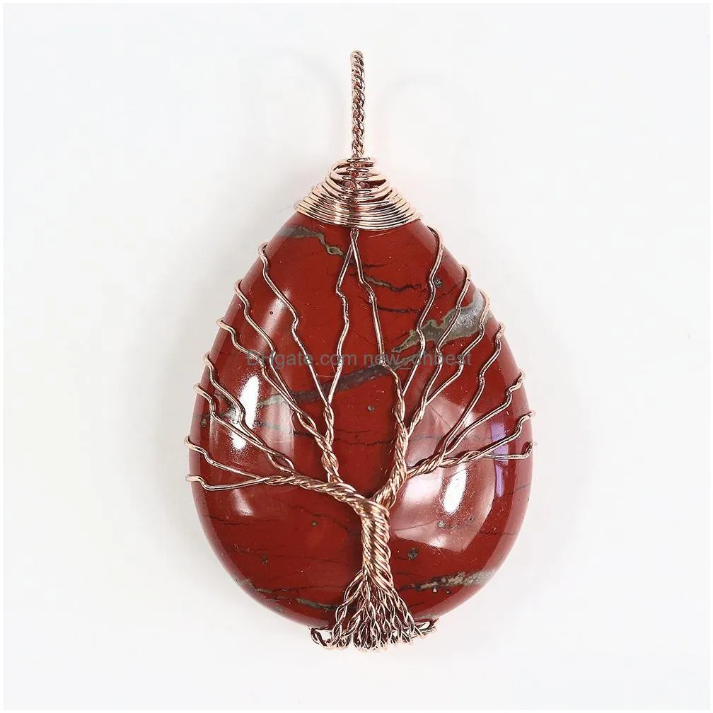 natural stone healing crystal tree of life charms waterdrop pendants rose quartz copper wire wrapped trendy jewelry making necklaces