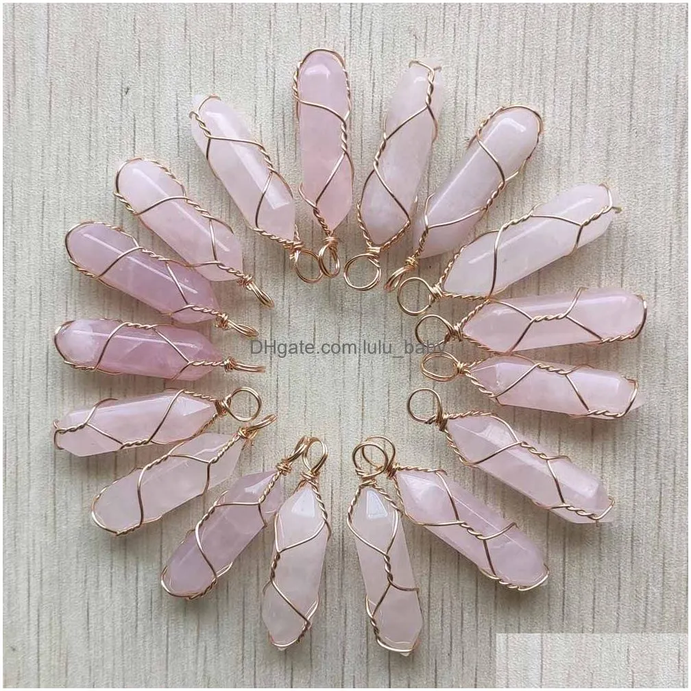 healing natural pink rose quartz stone crystal handmade charms gold iron wire pillar shape pendants for jewelry making