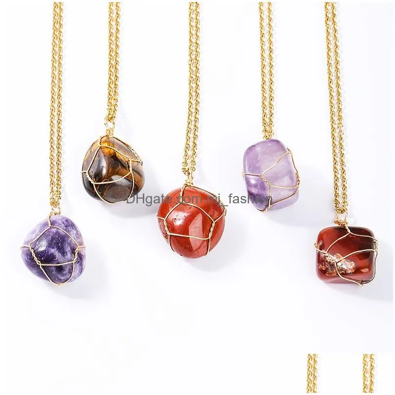 irregular round natural stone pendant necklace amethyst lapis rose quartz crystal gold wrap wire necklaces healing for women men