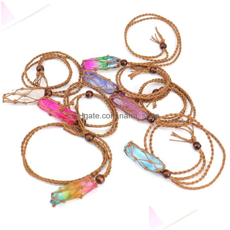 healing crystal column dyed natural stone pillar pendant weave net bag charms green pink crystals brown rope chain necklaces wholesale christmas jewelry