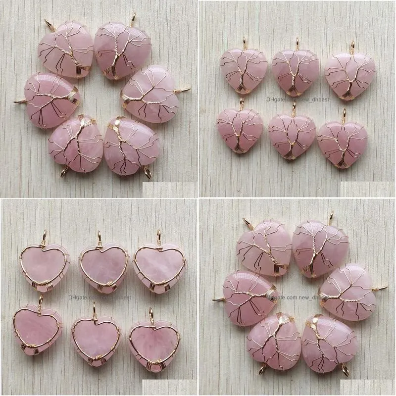 natural roses quartz stone charms tree of life golden wire wrapped love heart pendants for necklace jewelry marking wholesale
