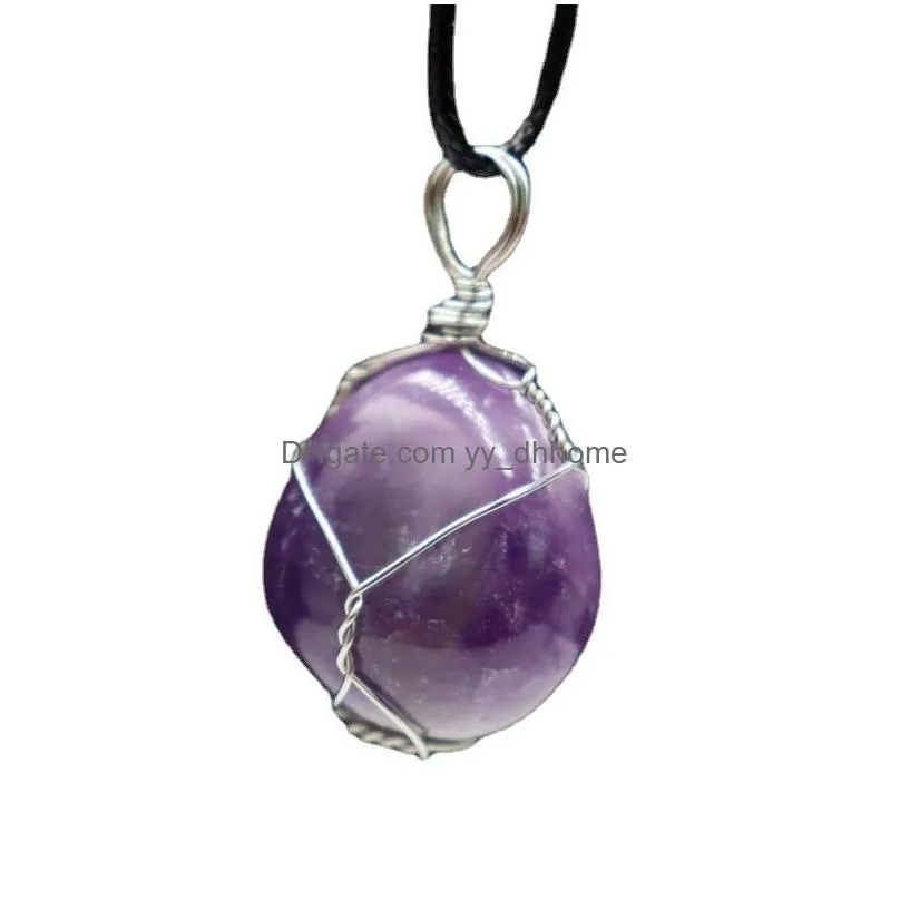 irregular round natural stone pendant necklace amethyst lapis rose quartz crystal wrap wire necklaces healing for women men