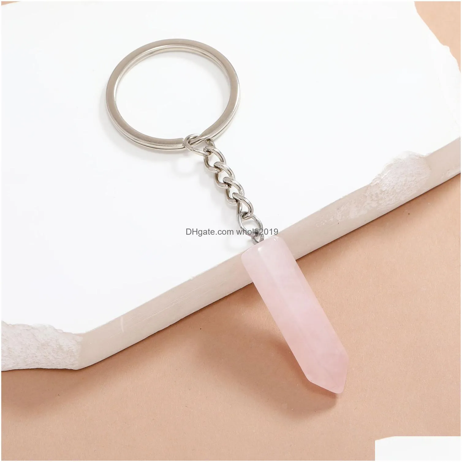 hexagonal column key ring natural stone opal crystal gem keychain for women men personality accessories