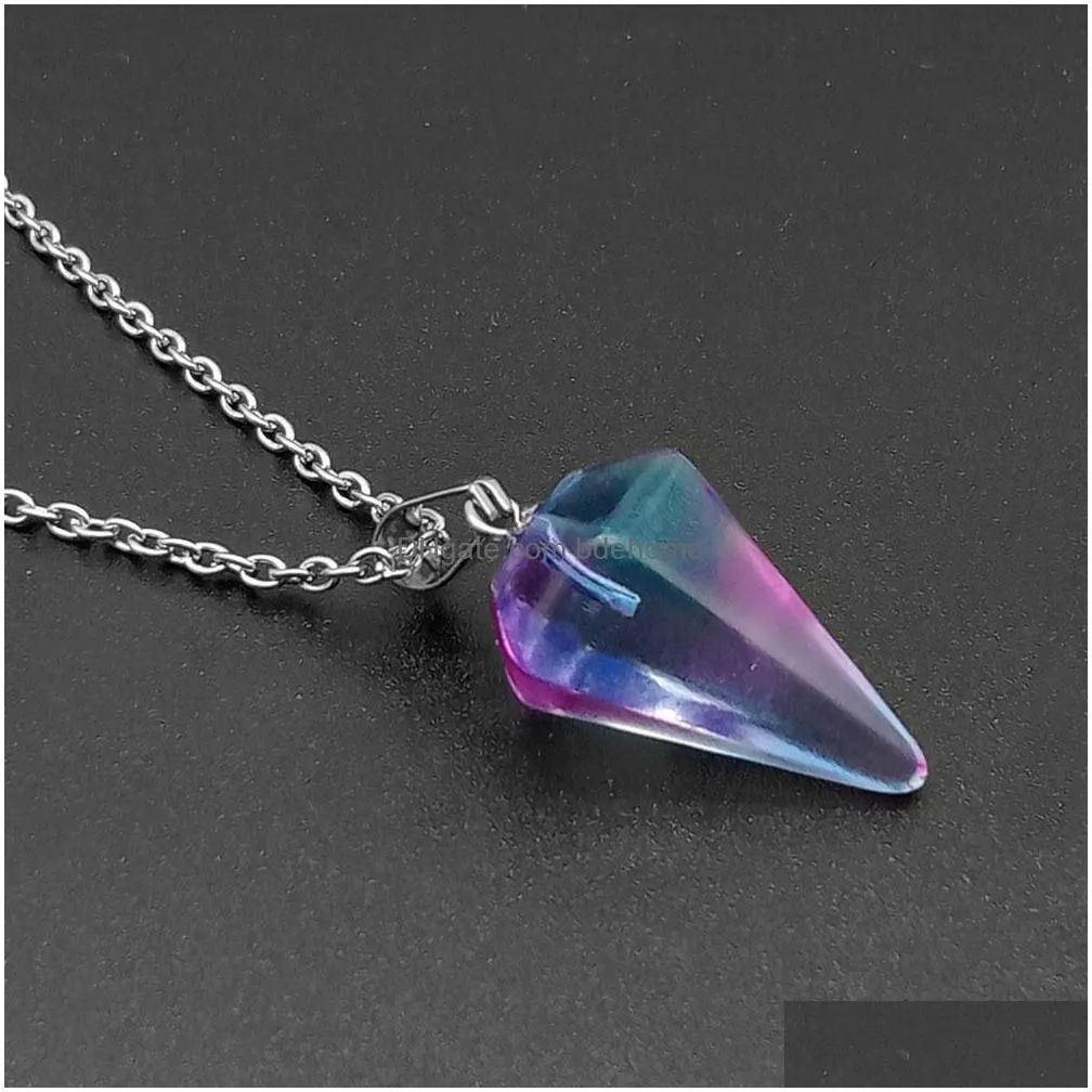 cone stone opal crystal pendulum pendant necklace chakra healing jewelry for women men stainless steel chain