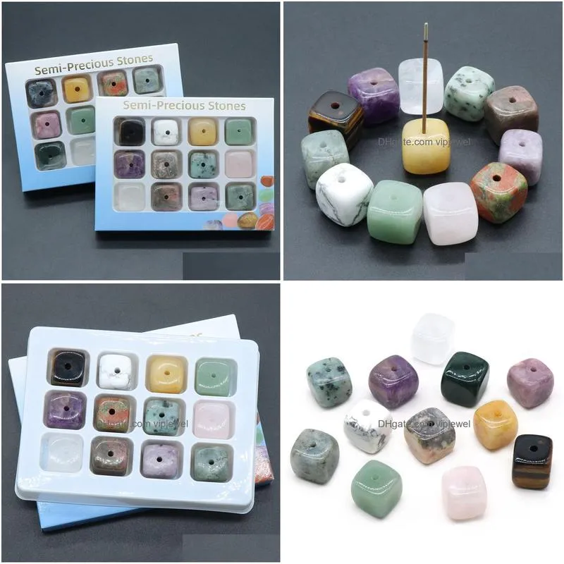 12pcs box square natural healing stone gemstones incense stick base holder fragrant plug amethyst clear quartz tray