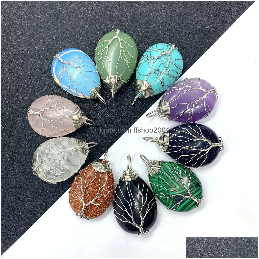 tree wire wrap natural crystal stones charms waterdrop tiger eye black onyx rose quartz stone charm beads pendants for jewelry making