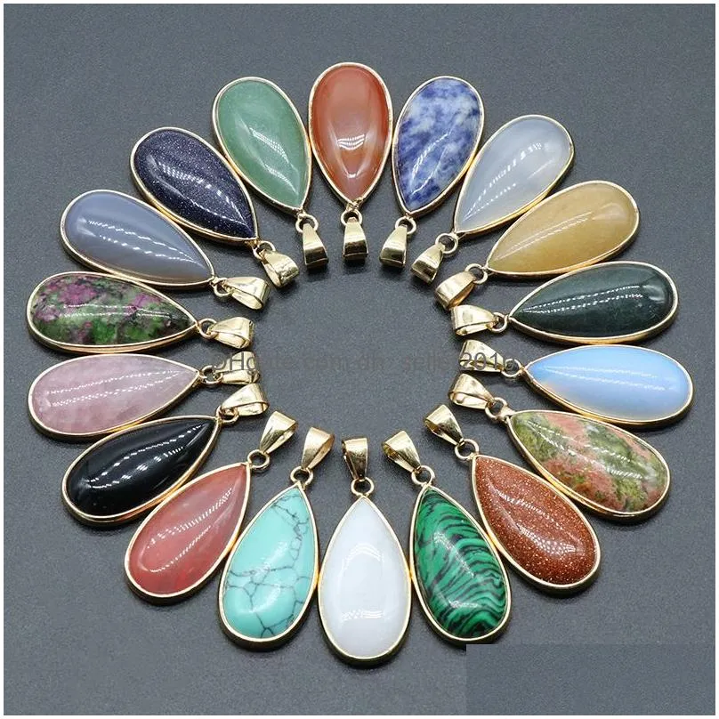 natural crystal stone gold plated water drop aventurine rose quartz tigers eye opal agate pendants diy necklace jewelry making