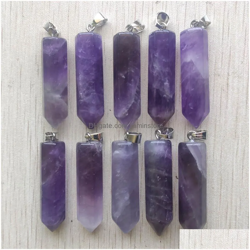 beautiful amethyst natural rose quartz charms white crystal fluorite labradorite stone pillar pendant for jewelry making 39mmx10mm