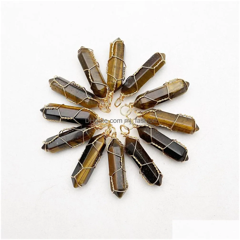 gold wire wrap natural stone charms tiger eye pendulum necklace pendant for jewelry making charm accessories