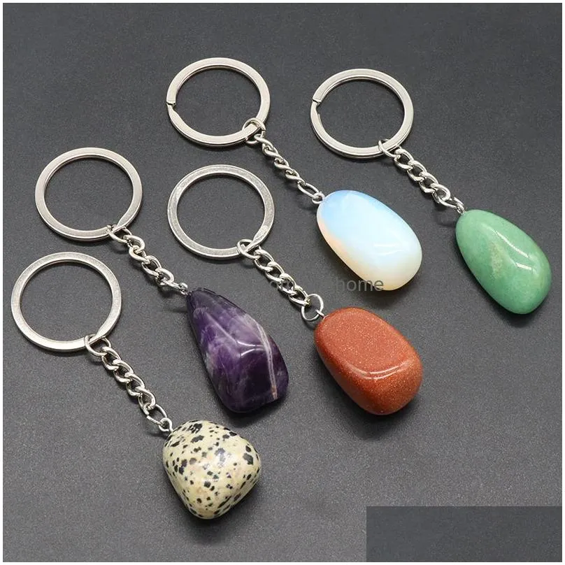 irregular natural crytal stone keychains key rings silver color healing crystal car decor keyrings keyholder for women men