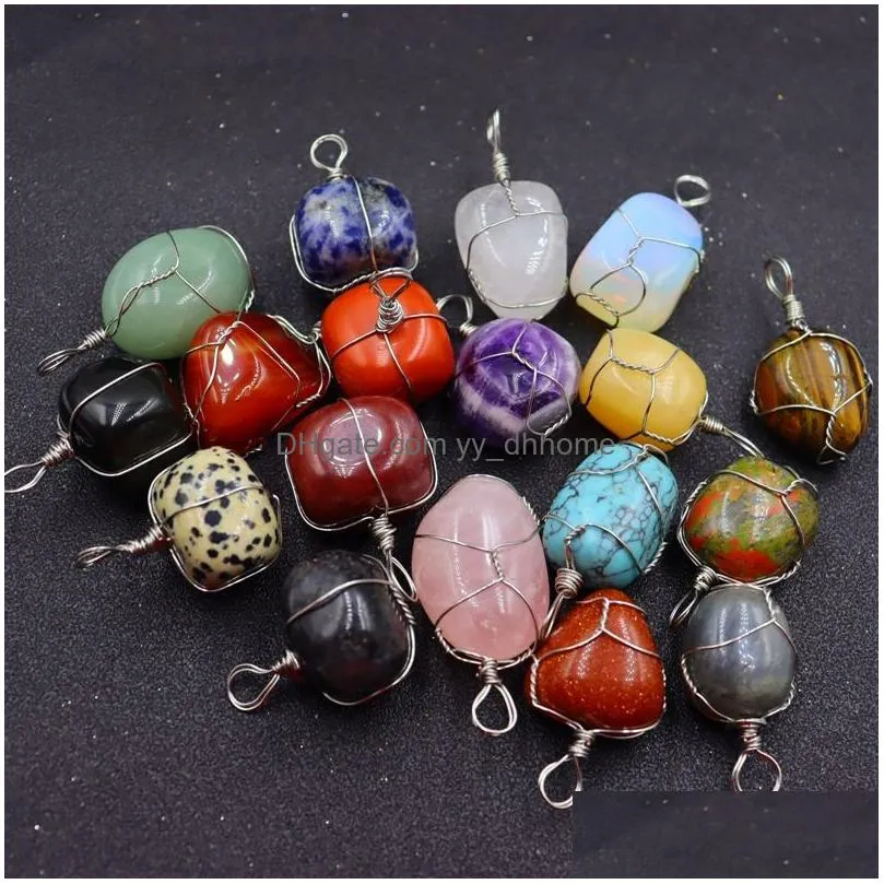 irregular round natural stone pendant necklace amethyst lapis rose quartz crystal wrap wire necklaces healing for women men