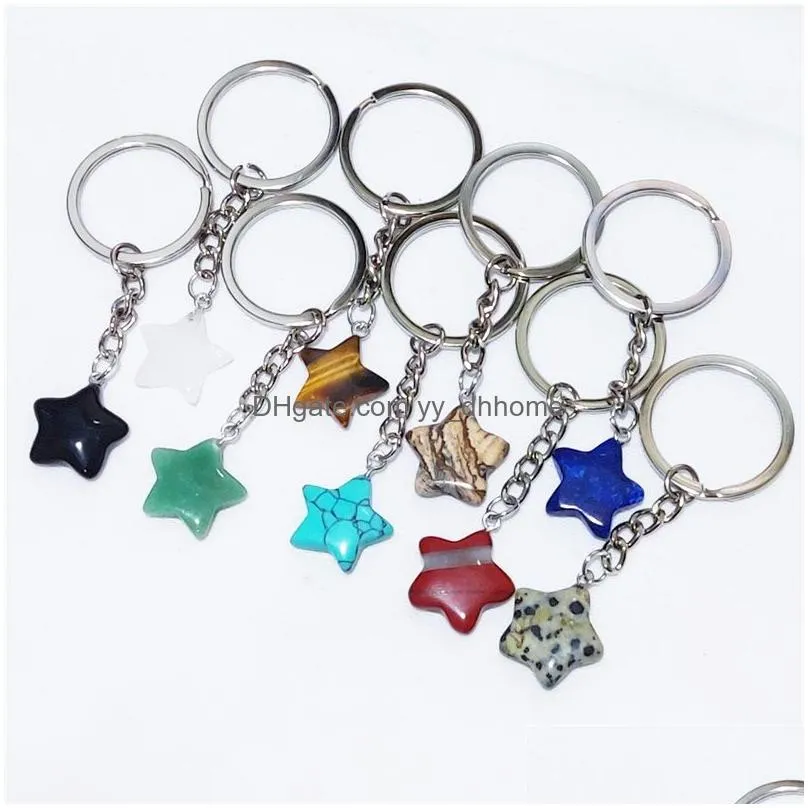 star shape reiki healing natural stone keychains chakra pink green black agate key rings keyrings women men jewelry