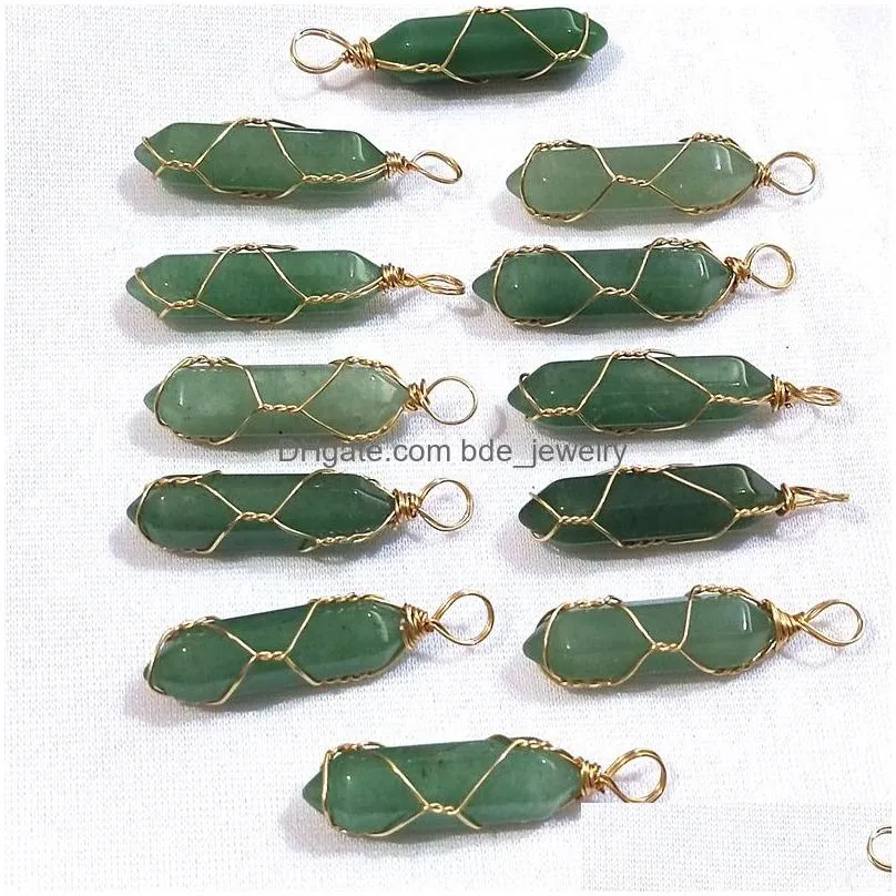 gold wire wrap natural stone charms green pillar bullet shape point chakra pendants for jewelry making wholesale handmade craft bulk