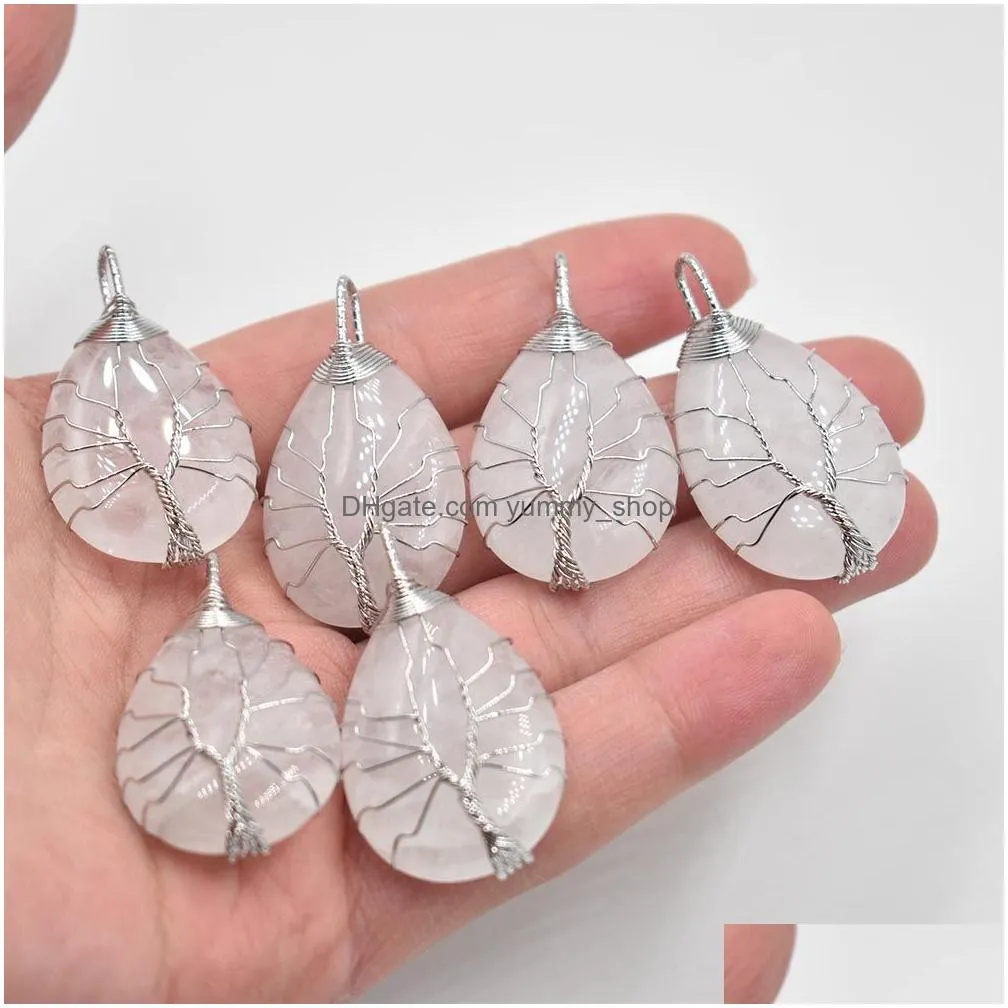 natural stone charms crystal tree of life pendants roses quartz wire wrapped trendy jewelry making wholesale