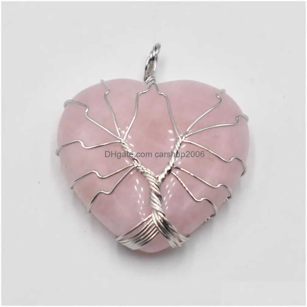 natural stone charms crystal tree of life heart pendants roses quartz wire wrapped trendy jewelry making wholesale