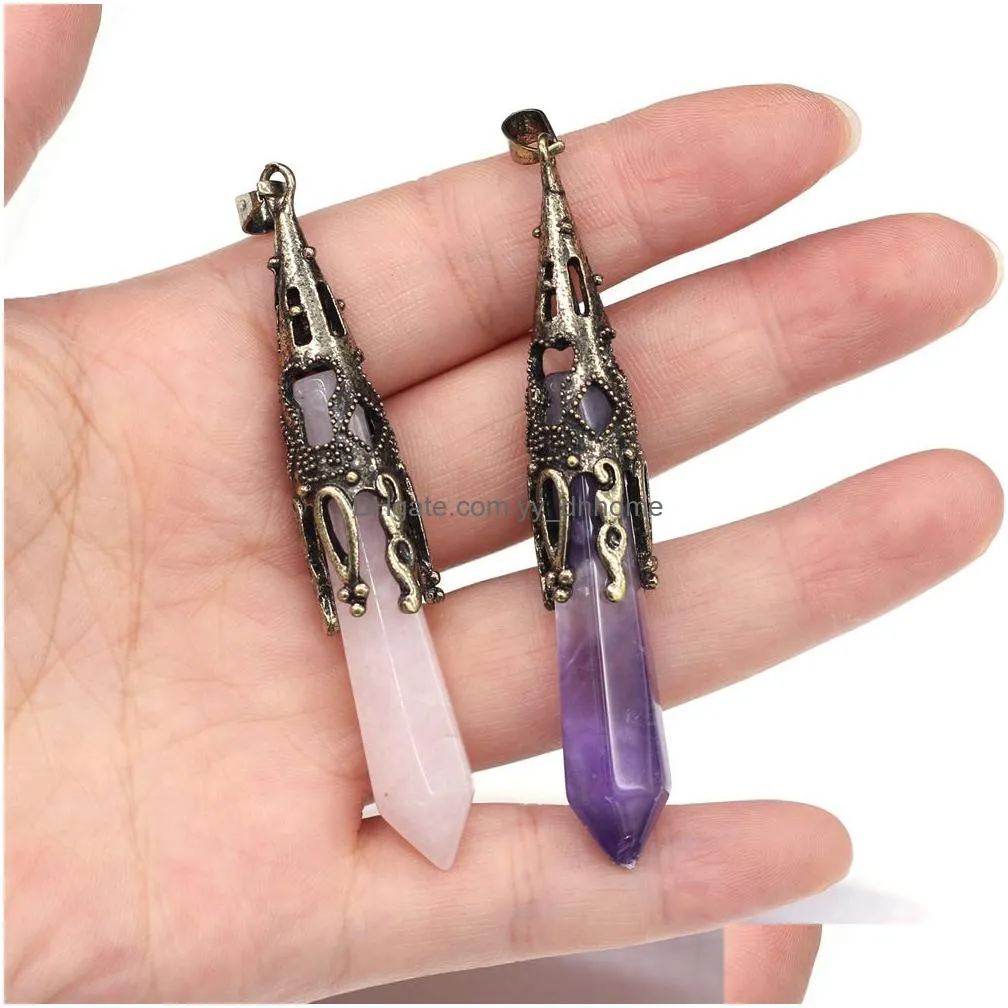 retro faceted cone healing stone charms tiger eye rose quartz amethyst crystal pendulum pendant diy necklace women fashion jewelry finding