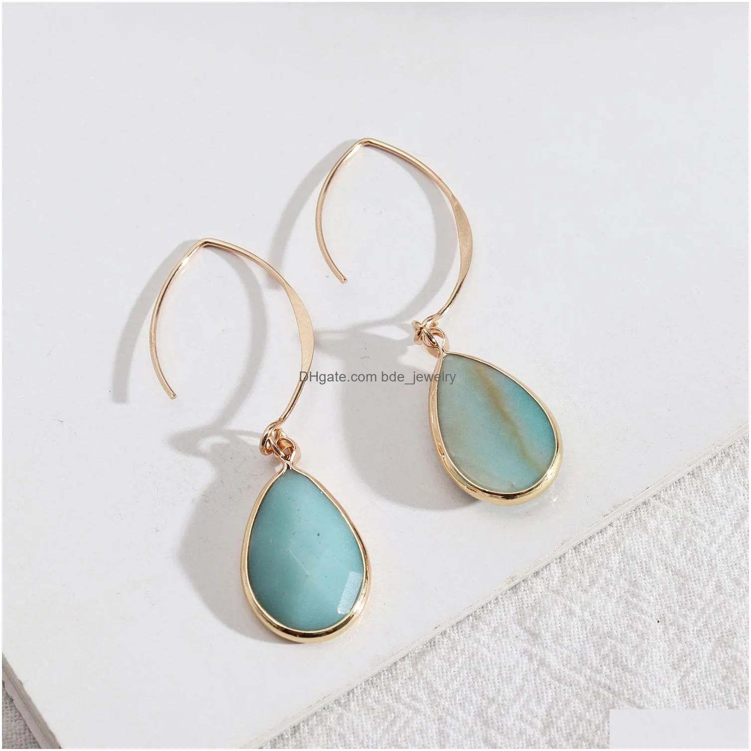 natural stone charms amazonite rose quartz crystal water drop earrings chakra jewelry gold hoop for women