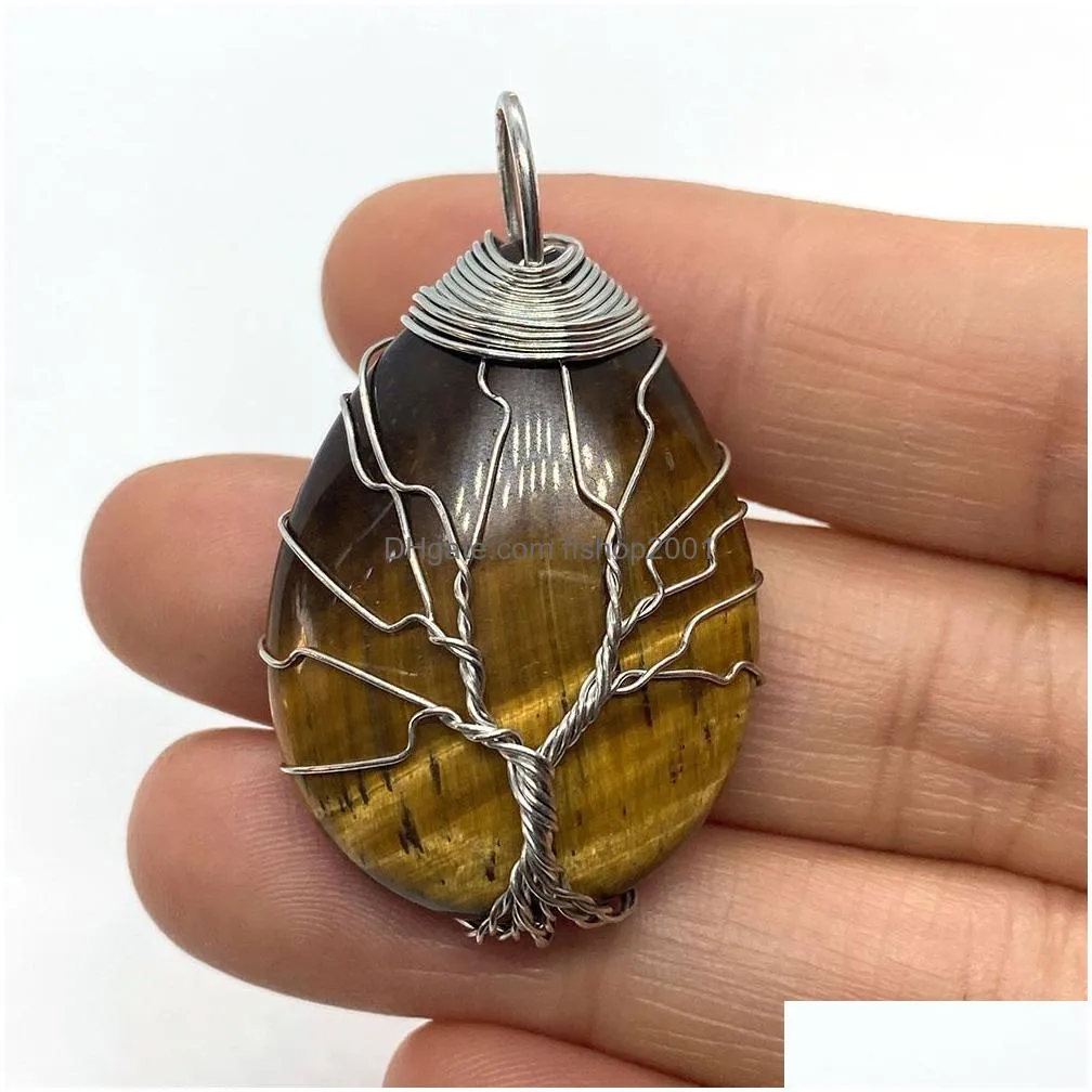 tree wire wrap natural crystal stones charms waterdrop tiger eye black onyx rose quartz stone charm beads pendants for jewelry making