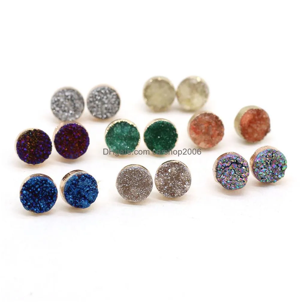 12mm natural stone color plated stud druzy drusy quartz crystal stones gold studs earrings jewelry for women