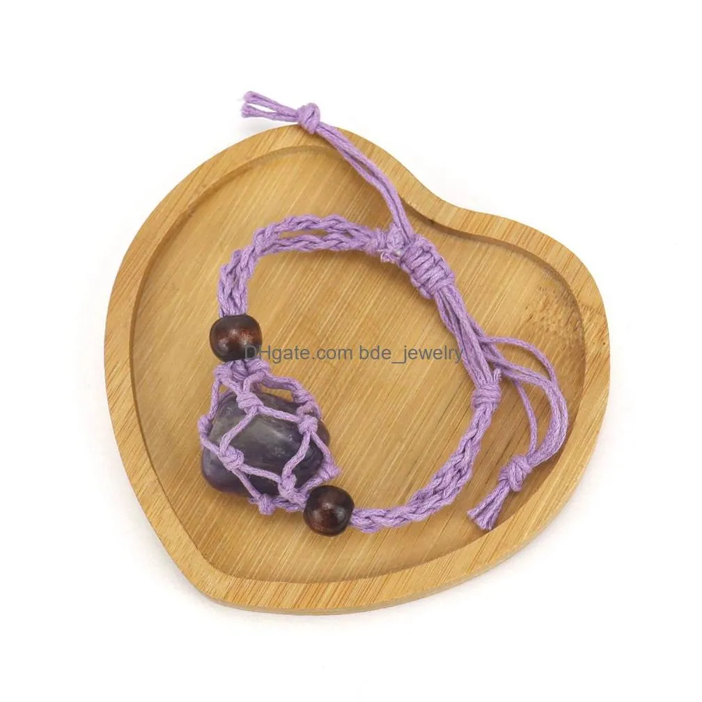 mki woven adjustable net bag bracelet irregular stone onyx quartz amethyst crystal braided retractable bangle for women men