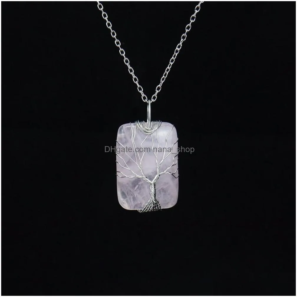 healing crystal natural stone rectangle charms necklaces twine tree of life wire wrap pendant turquoise amethyst tiger eye rose quartz wholesale jewelry
