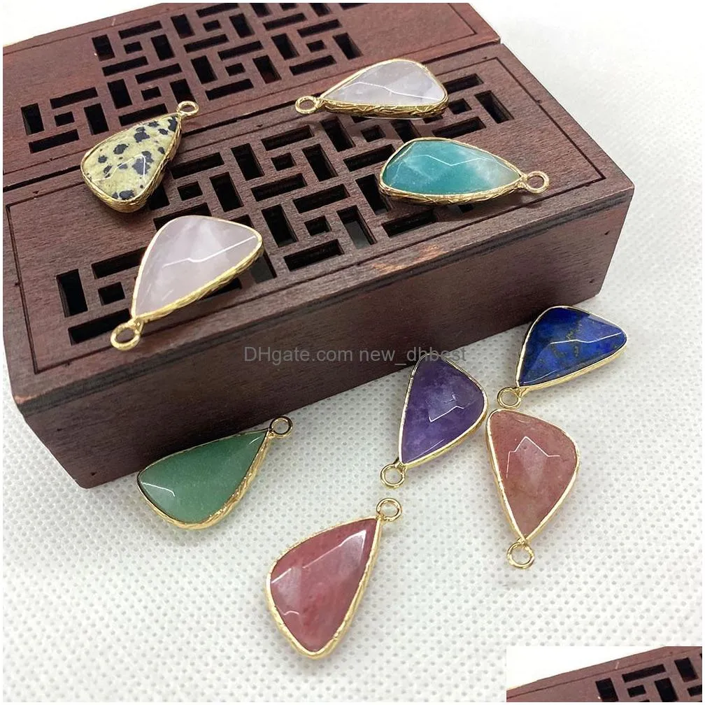 14x27mm triangle natural crystal stone charms green blue rose quartz pendants gold bunding edge trendy for necklace jewelry making