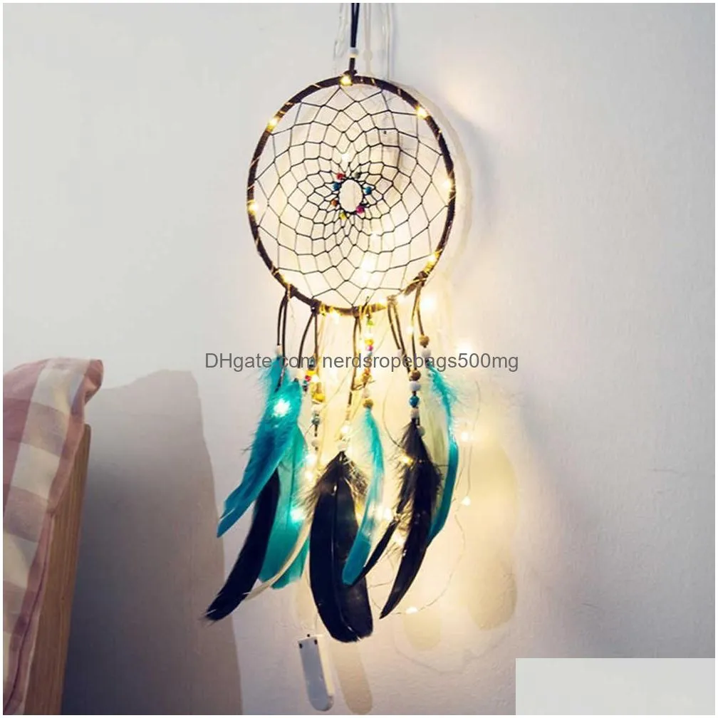 dream catcher feather girl style handmade dreamcatcher with string light innovative home bedside wall window hanging decoration