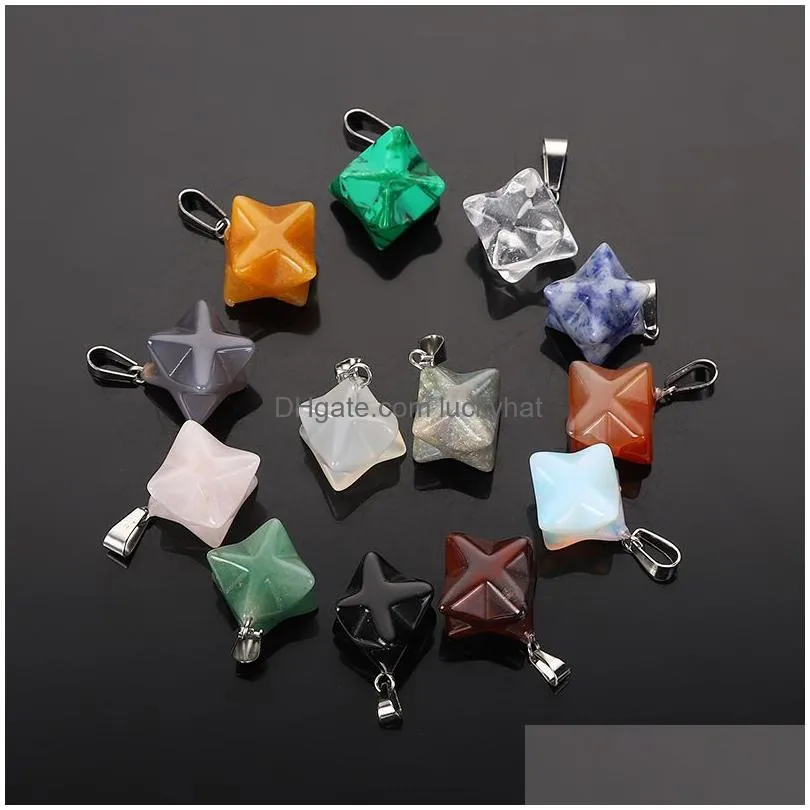 14mm merkaba hexagram star qaurtz chakra stone charms energy healing reiki crystal carvings pendant for jewelry making