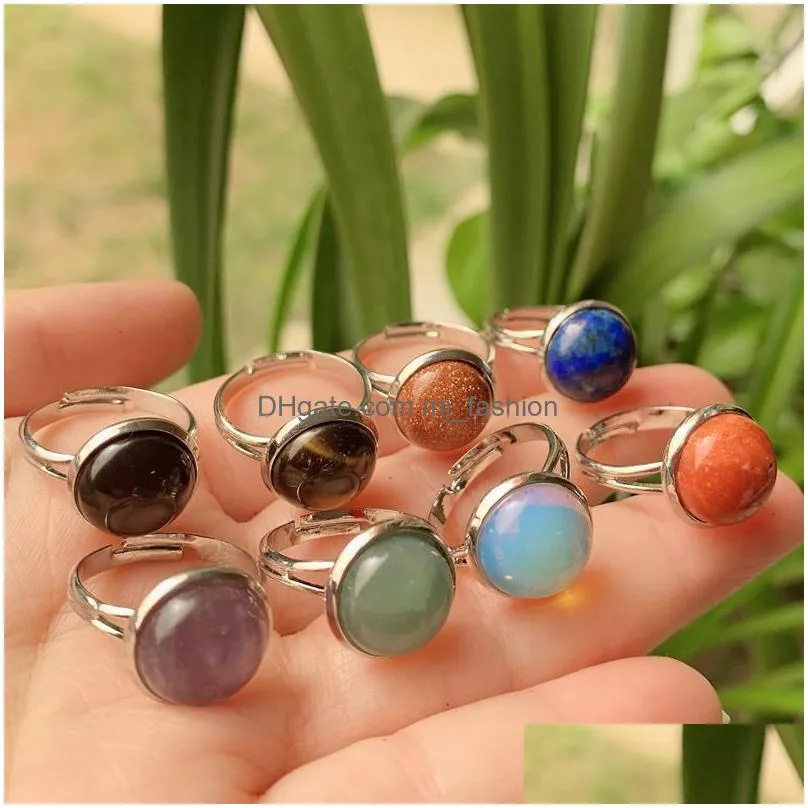 natural stone crystal rings chakra healing 10mm 12mm round open adjustable amethyst lapis pink quartz women ring party wedding jewelry