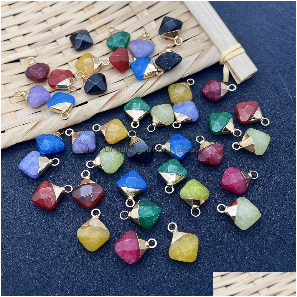 12x15mm natural crystal stone charms decorate little rhombus green yellow jade pendants gold edge trendy for necklace earrings jewelry making