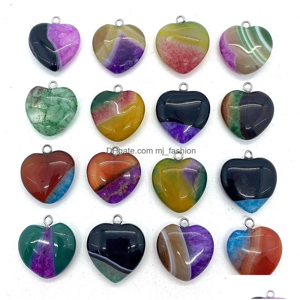 20mm rainbow stripped agate stone love heart charms pendants trendy for jewelry making wholesale