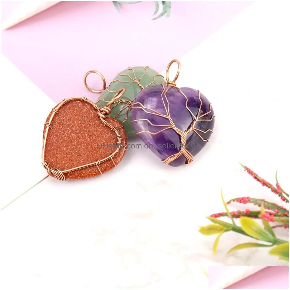healing crystal natural stone heart charms necklaces copper twine tree of life wire wrap pendant turquoise amethyst tiger eye rose quartz wholesale jewelry