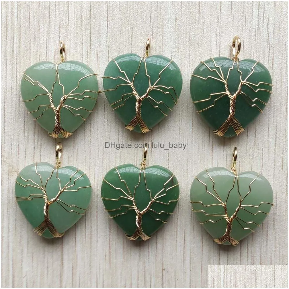 natural amethyst stone charms tree of life golden wire wrapped love heart healing pendants for jewelry marking wholesale