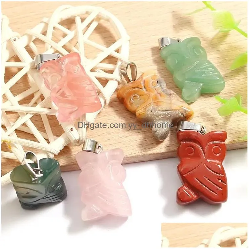 natural stone owl carved pendant crystal healing reiki gemstone cute decor craft home quartz jasper ornament wholesale