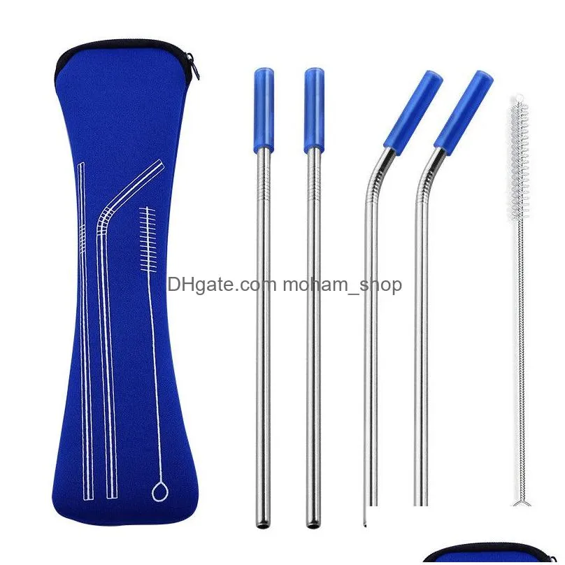 reusable stainless steel straw set straight bent straw cleaning brush 6pcs / set juice straw with travel neoprene storage bag