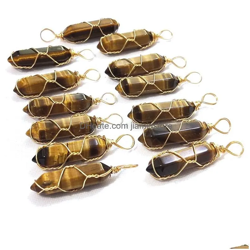 gold wire wrap natural stone charms rose quartz mixed pillar bullet shape point chakra pendants for jewelry making wholesale handmade craft