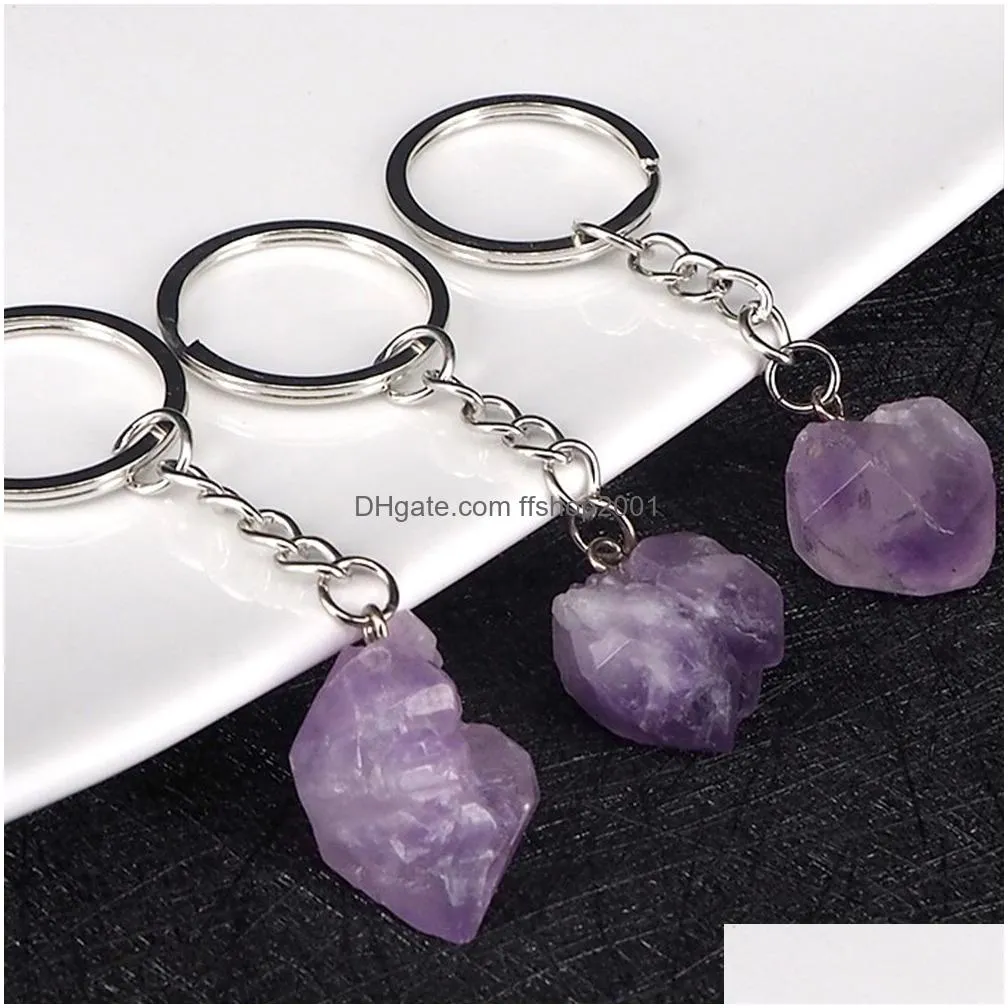 natural amethyst key rings rough stone keychains healing crystal mineral specimen handbag keyring pendant accessories