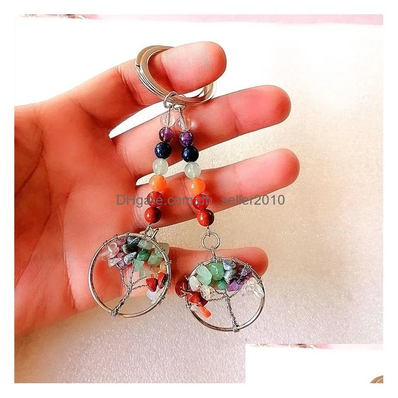 tree of life reiki healing keyrings natural stone keychains chakra amethyst pink rose crystal key rings women men jewelry