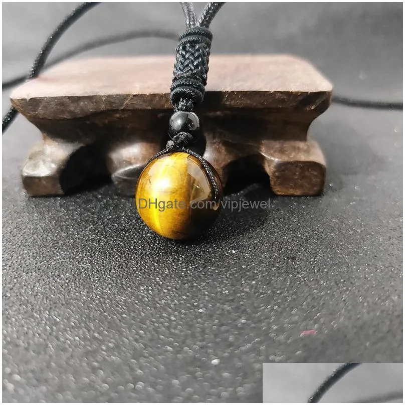 men yellow tiger eye stone round bead pendant black rope chain necklace wholesale jewelry for women