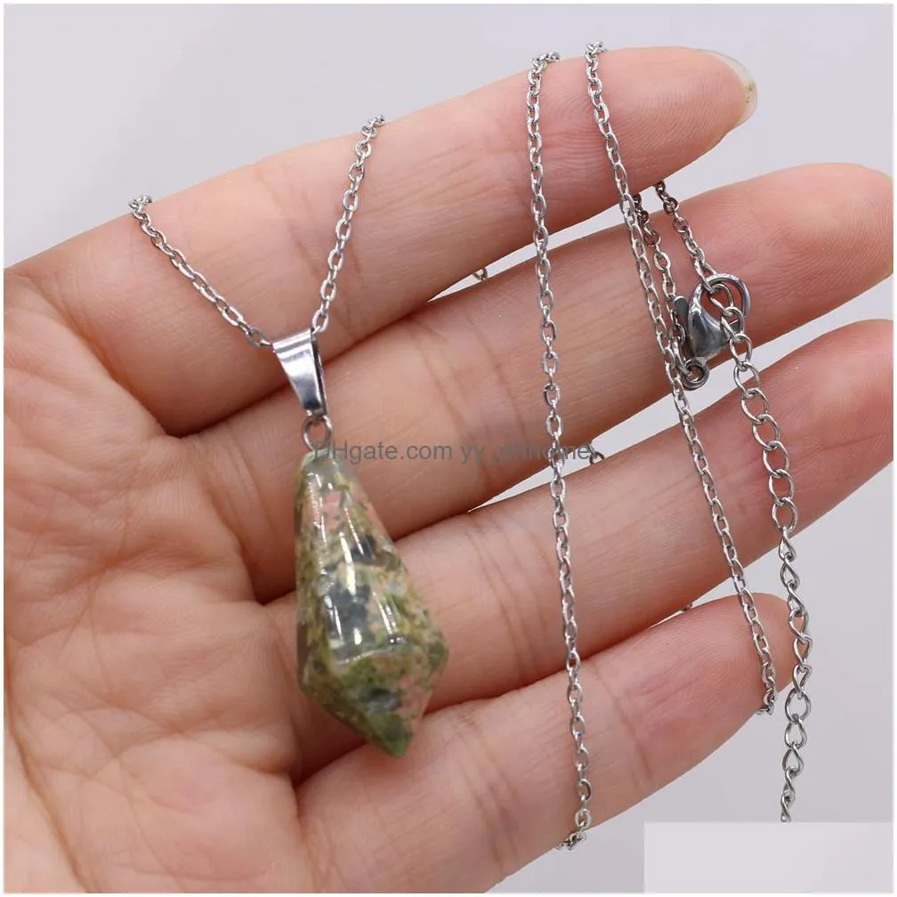 chakra cone shape reiki healing natural stone pendulum pendant necklace turquoise amethyst pink rose crystal link necklaces women jewelry