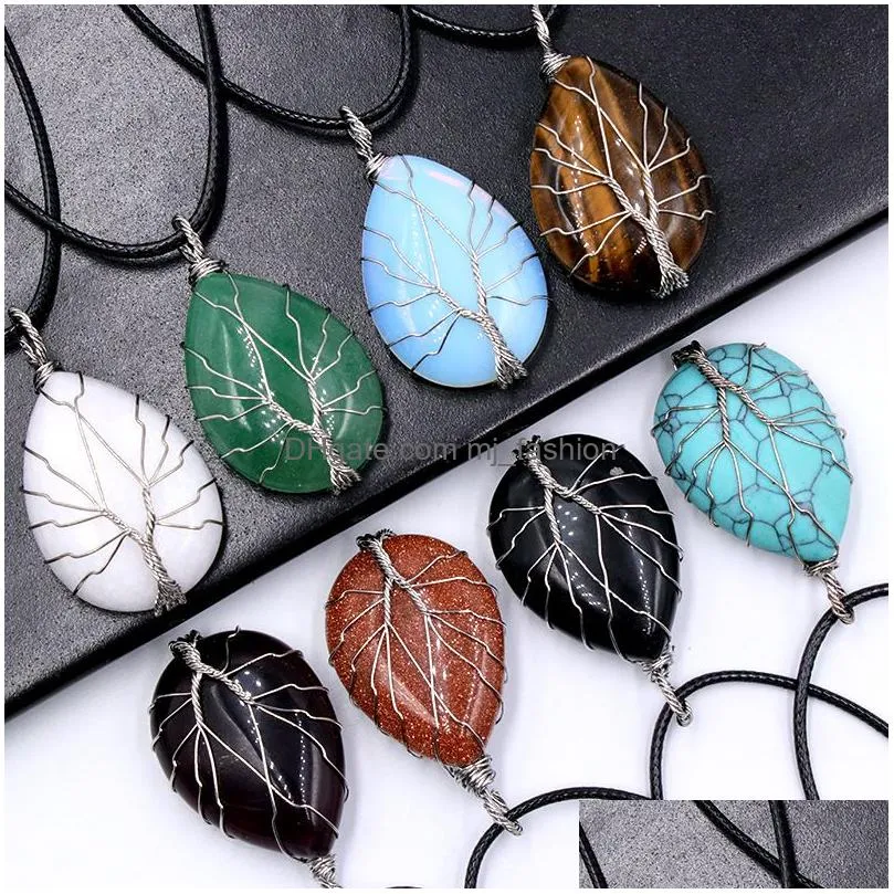 healing crystal natural stone charms twine tree of life wire wrap pendant turquoise tiger eye lrose quartz rope chain necklaces wholesale jewelry
