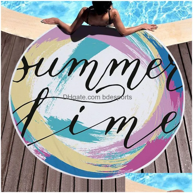 polyester tassel beach towel 150cm round summer fruit print tapestry fringed edge sports yoga mat sunscreen shawl